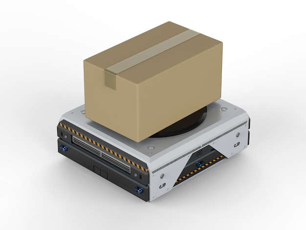 3D-rendering magazijnrobot draagt kartonnen doos