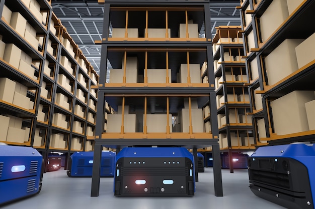 3D-rendering magazijnrobotassemblage in fabriek