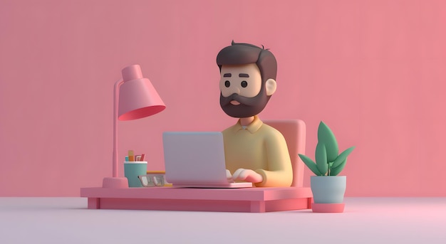 Фото 3d-рендеринг мужских персонажей, работающих за столом с ноутбуком