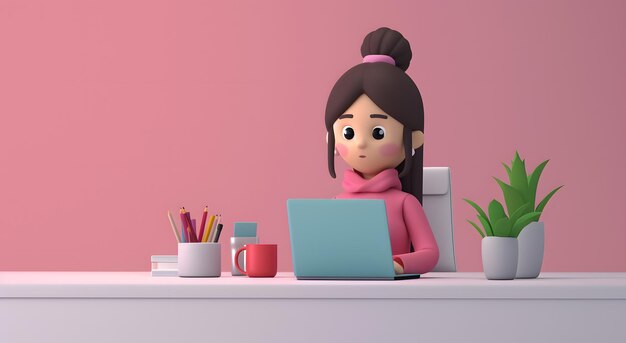 3d rendering male characters working at desk with laptop