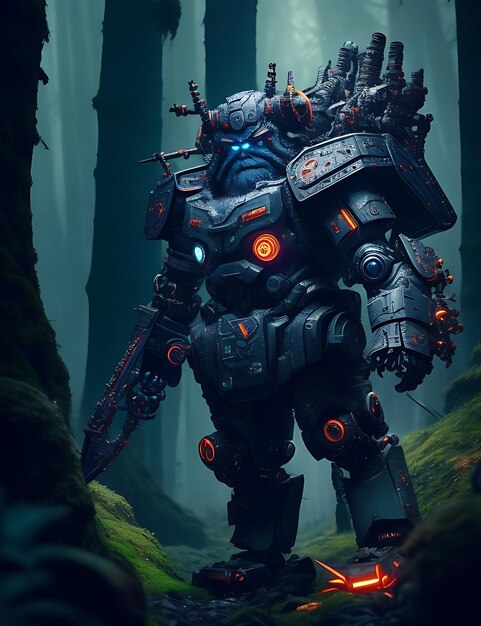 3D rendering of a male cyborg in a dark forest