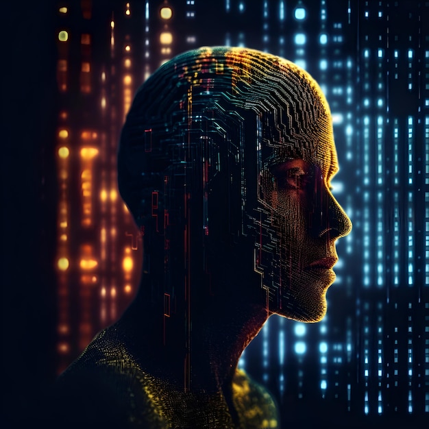 3D rendering of a male cyborg head with binary code background