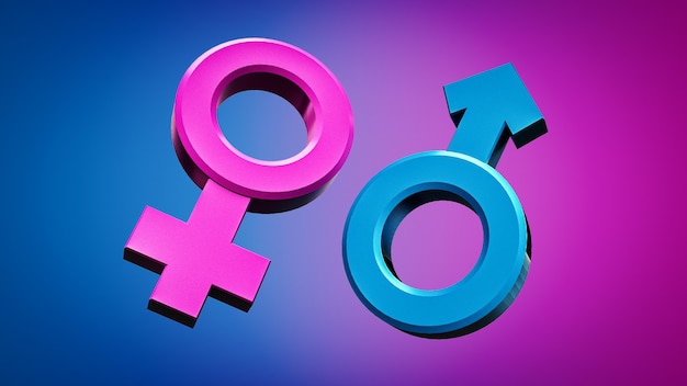 Photo 3d rendering of male and female sex symbols that are equal or live together.