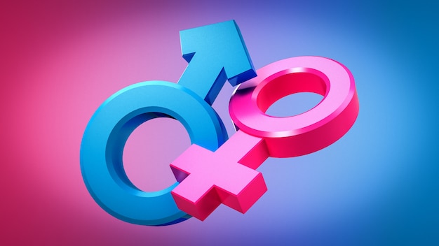 Photo 3d rendering of male and female sex symbols that are equal or live together.