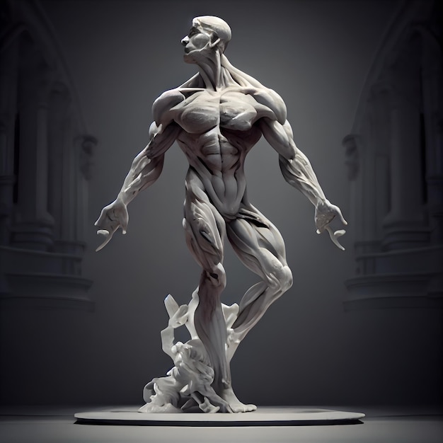 회색 배경에 흰색 대리석으로 만든 남성 조각의 3D 렌더링