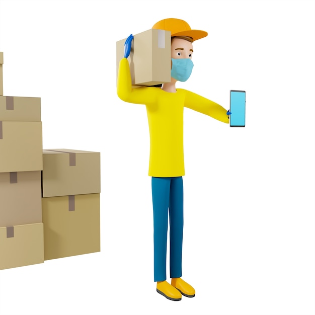 3D rendering. A man in uniform from a delivery service with a box in his hands.