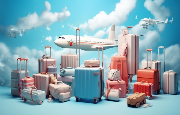 3d rendering of many suitcases and airplane flying in the blue sky