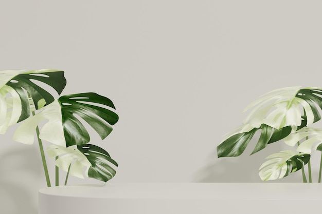 Podio per esposizione di prodotti in marmo con rendering 3d con foglie di monstera albo