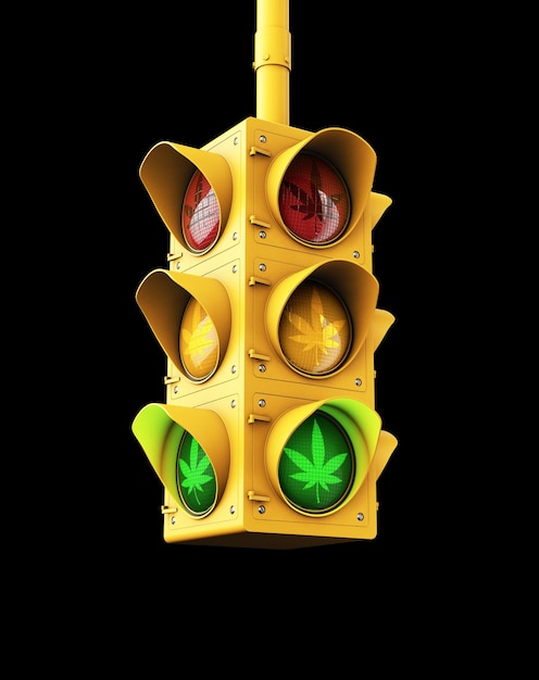 3d Rendering of Marijuana legalization issue - green traffic light with marijuana leaf concept.