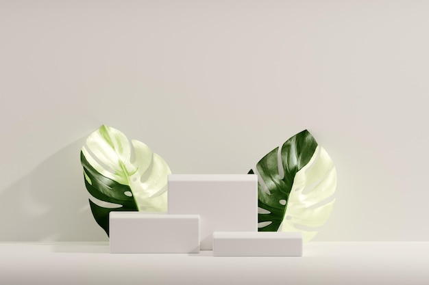 3D rendering marmeren product display podium met monstera albo bladeren