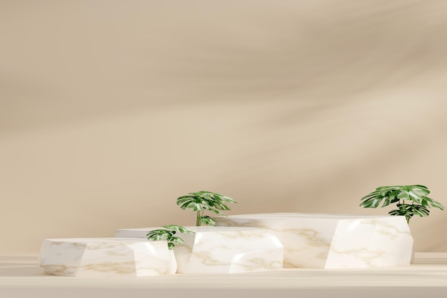 3D rendering marmeren product display podium met monstera bladeren