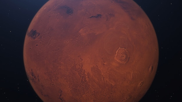 3D rendering of the Martian Orbit Mars in space with illuminated craters and Martian mountains