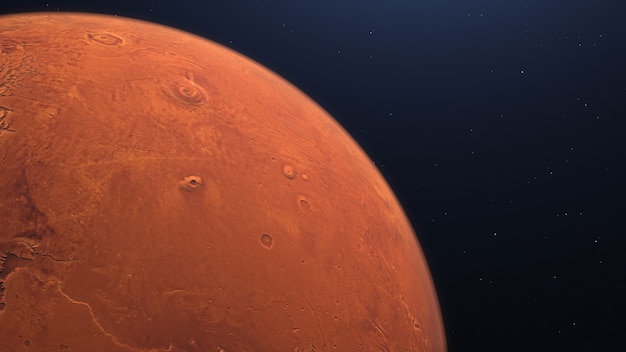 3D rendering of the Martian Orbit Mars in space with illuminated craters and Martian mountains