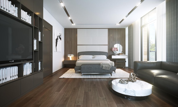 3d rendering master bedroom interior in luxury apartment