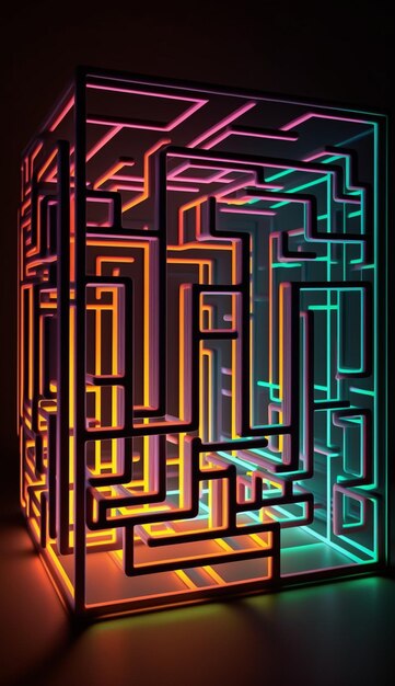 A 3d rendering of a maze with neon lights in the middle generative ai