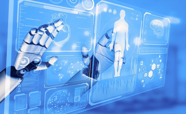 3D rendering medical artificial intelligence robot working in future hospital Futuristic prosthetic healthcare for patient and biomedical technology concept