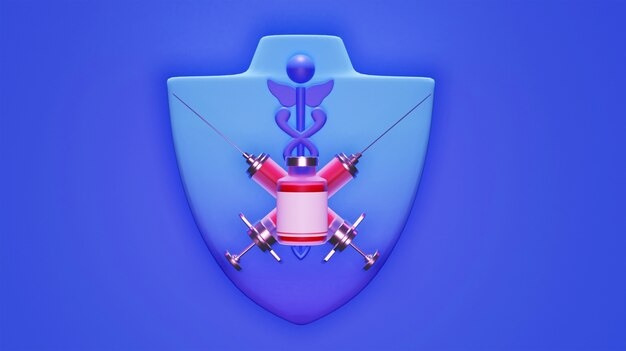 3d rendering of medical security shield with vaccine bottle and crossed syringe on blue background