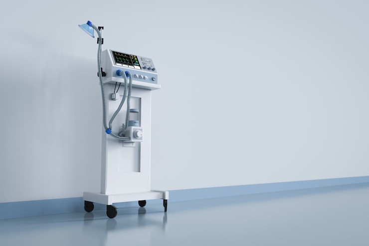 Photo 3d rendering medical ventilator machine in hospital