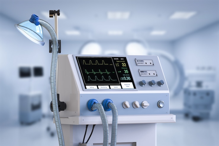 Photo 3d rendering medical ventilator machine in hospital