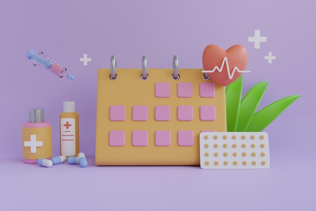 3d rendering of medicine schedule, reminder, notification concept. pills, calendar, stethoscope.