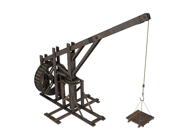 3D 렌더링 중세 크레인 중세 시대의 고대 기계