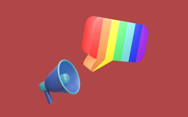 背景の虹LGBTQカラーカラーでメガホン吹き出しの3Dレンダリング