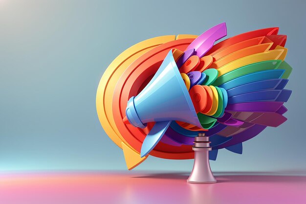 3D-рендеринг речевого пузыря мегафона в радужном цвете лгбтк на заднем плане