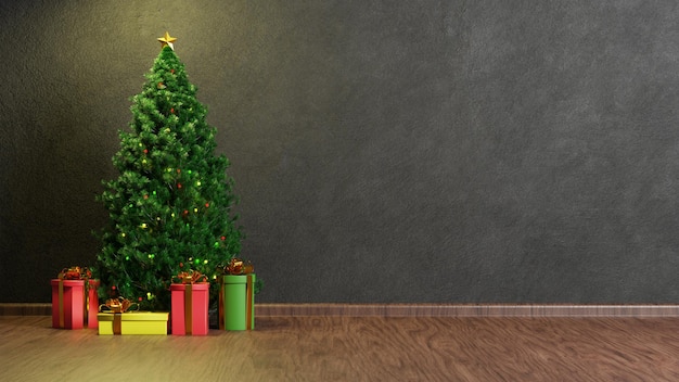 3D-рендеринг веселого рождественского фона с елкой, подарочной коробкой и шляпой