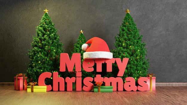 3d rendering merry christmas background with tree, giftbox, and hat