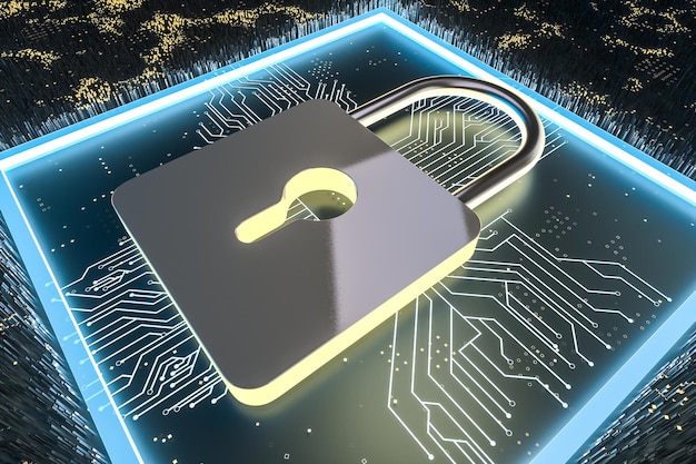 3d rendering metal lock with digital concept background