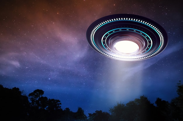 3d rendering metal ufo or alien spaceship in the sky