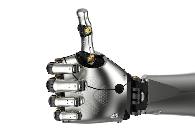 3D-rendering metalen cyborg arm duim omhoog geïsoleerd op wit