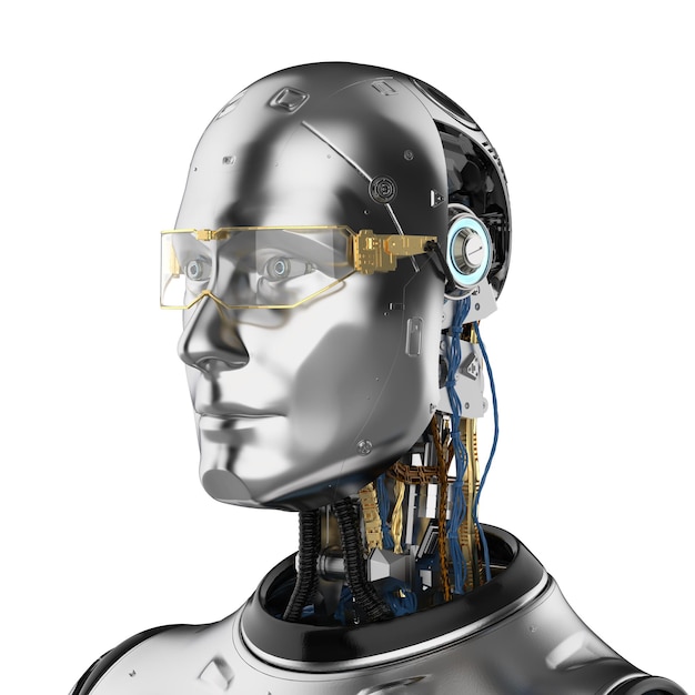 3D-rendering metalen kunstmatige intelligentie robot of cyborg portret geïsoleerd op wit