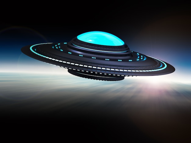 3d-rendering metalen ufo of buitenaards ruimteschip geïsoleerd op wit