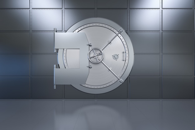 Photo 3d rendering metallic bank safe or bank vault