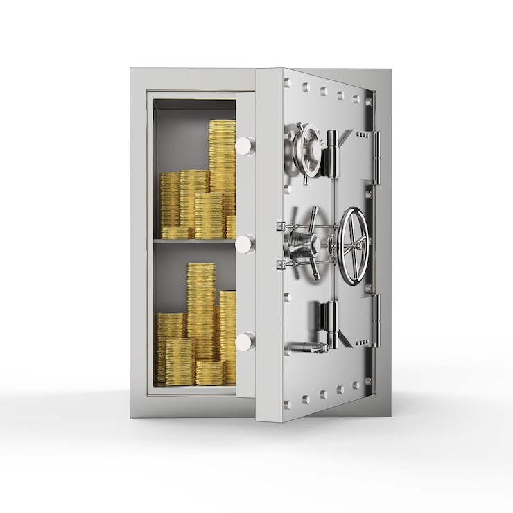 Photo 3d rendering metallic bank safe or steel safe with bullion