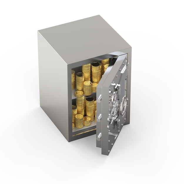 3d rendering metallic bank safe or steel safe with bullion