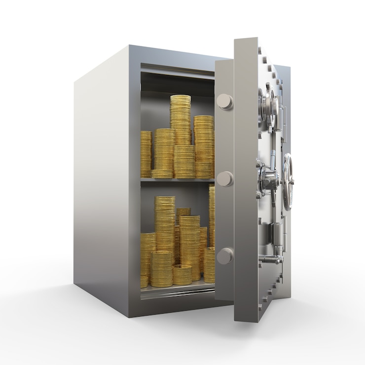 Photo 3d rendering metallic bank safe or steel safe with bullion