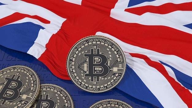 3d rendering of a metallic Bitcoin on a British Flag