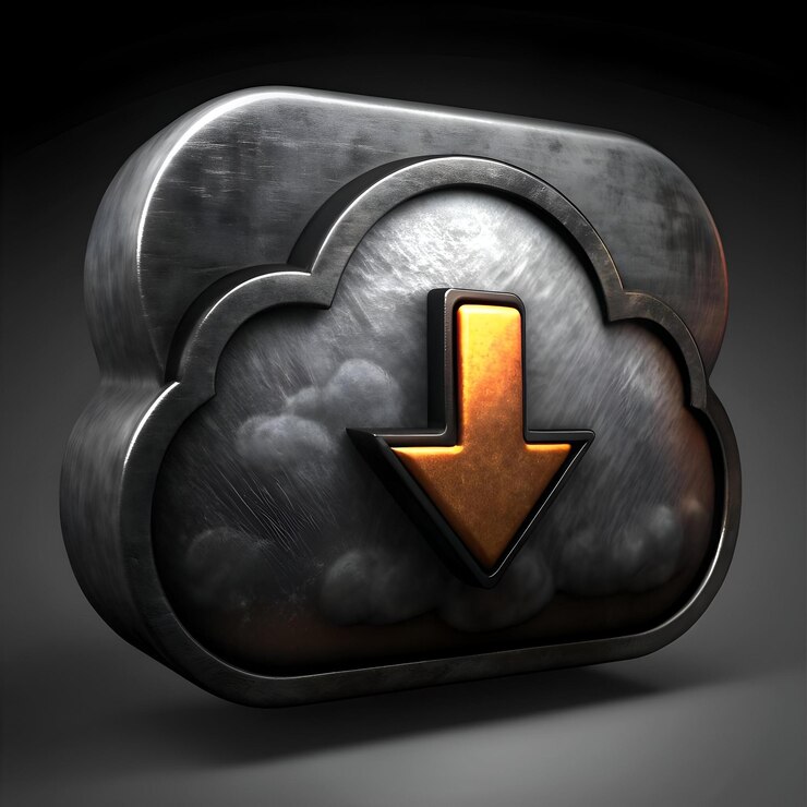 Photo a 3d rendering of a metallic cloud icon with a golden download arrow perfect for illustrating cloud storage data transfer and digital technology