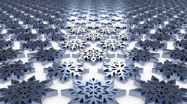 3d rendering of metallic snowflakes background with defocused horizon