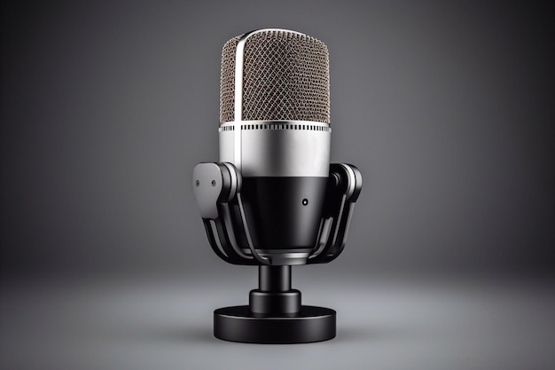 灰色の背景のマイクの3Dレンダリング スタジオショット 放送 ラジオ 話す 歌う 音声 マイク 音声コンセプト 生成 AI