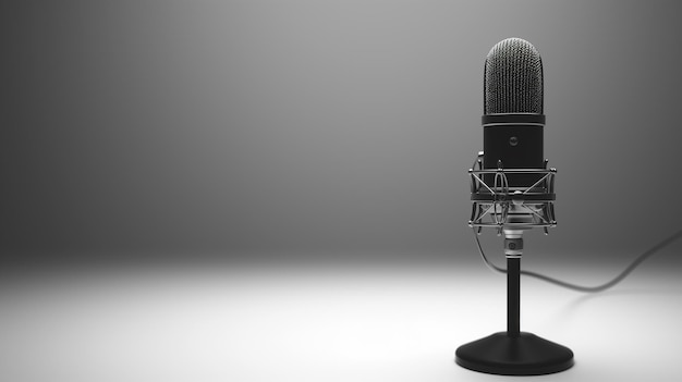 Photo 3d rendering of a microphone in a studio setting on grey background