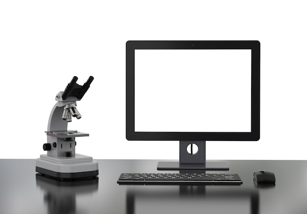 白い背景に空白のモニターと3Dレンダリング顕微鏡または光学機器