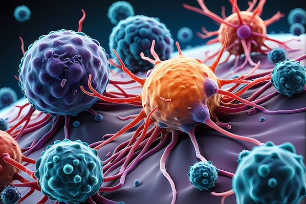 Foto rendering 3d di cellule umane e tumorali microscopiche sullo sfondo della giornata scientifica