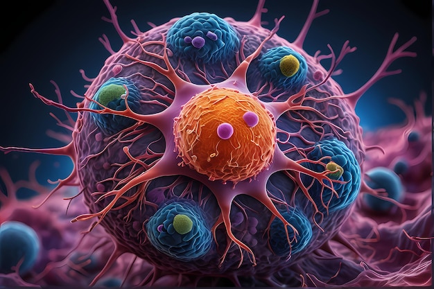 3D rendering of microscopic human and cancer cells on science day background