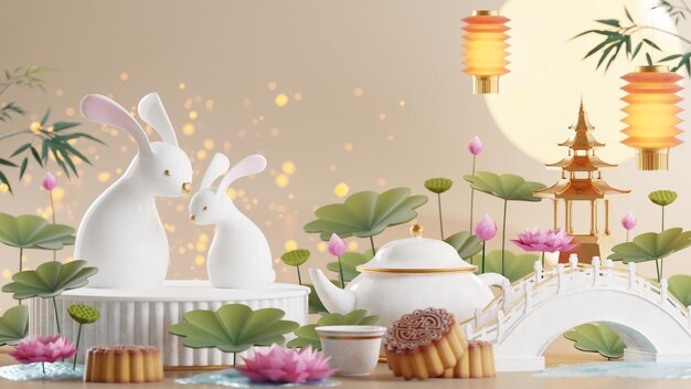 3D rendering for mid autumn festival holiday or chinese new year chinese festivals withlanterns flower moon rabbit mooncaketea pot and asian elements on background