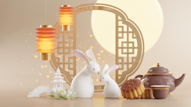 3D rendering for mid autumn festival holiday or chinese new year chinese festivals withlanterns flower moon rabbit mooncaketea pot and asian elements on background