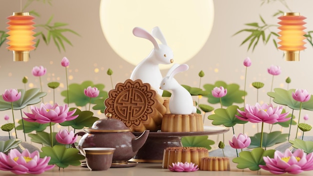 3D rendering for mid autumn festival holiday or chinese new year chinese festivals withlanterns flower moon rabbit mooncaketea pot and asian elements on background