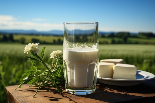 3D rendering of milk bottle of milk and glasses with green fields and blue sky bac generative IA